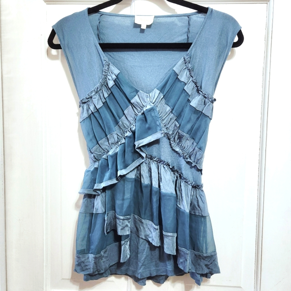 Anthropologie Teal Layered Ruffle Detail Babydoll V-Neck Cap Sleeve Knit Blouse